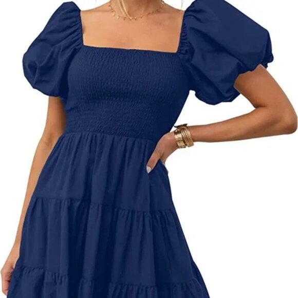 Boho Maxi Dress Square Neck Puff Sleeve High Waist Smocked Flowy Tiered Medium - Picture 1 of 8
